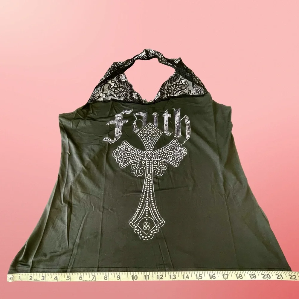 WBQ Black Stretchy Lace Halter Rhinestone Cross Gothic Sleeveless Top SzXXL - Picture 8 of 12